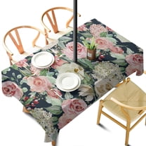 Outdoor Waterproof Pioneer Tablecloth with Umbrella Hole and Zipper, Pink and White Gouache Floral Pattern Rectangle Reusable Durable Decor Table Cover for Party Picnic Patio 60×102 Inch