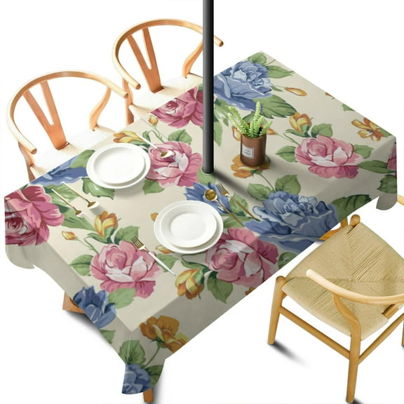 Outdoor Waterproof Pioneer Tablecloth with Umbrella Hole and Zipper, Rose Floral Print Rectangle Reusable Durable Decor Table Cover for Party Picnic Patio 60×102 Inch