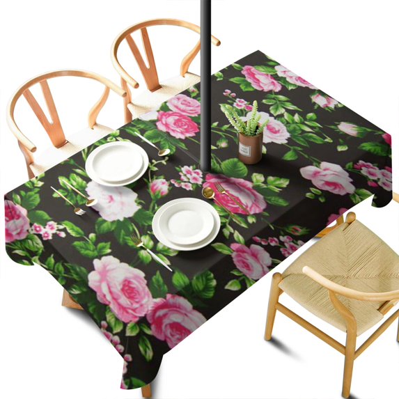 Outdoor Waterproof Pioneer Tablecloth with Umbrella Hole and Zipper, Vintage Floral Rose Rectangle Reusable Durable Decor Table Cover for Party Picnic Patio 60×102 Inch