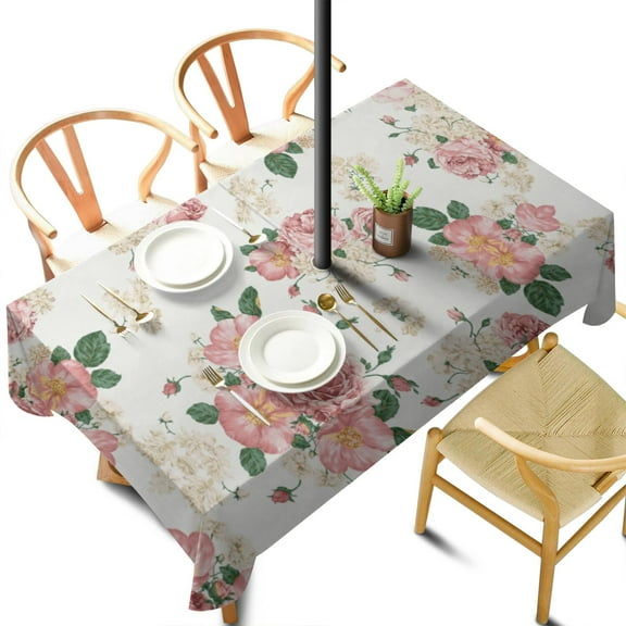 Outdoor Waterproof Pioneer Tablecloth with Umbrella Hole and Zipper, Vintage Pink Floral Rectangle Reusable Durable Decor Table Cover for Party Picnic Patio 60×102 Inch
