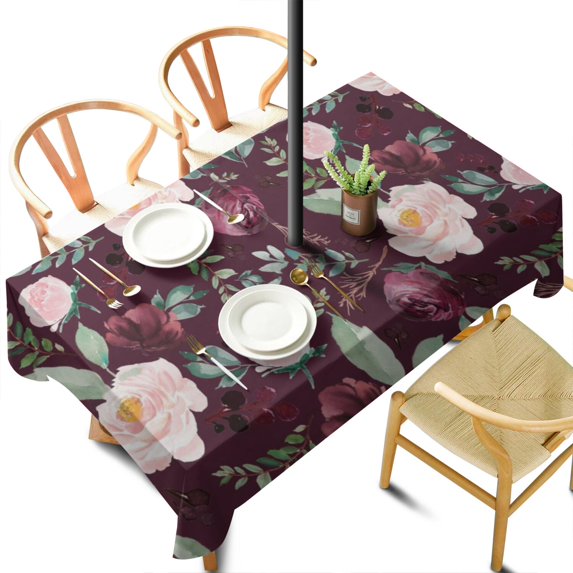 Outdoor Waterproof Pioneer Tablecloth with Umbrella Hole and Zipper, Wine Floral Leaves Rectangle Reusable Durable Decor Table Cover for Party Picnic Patio 60×102 Inch