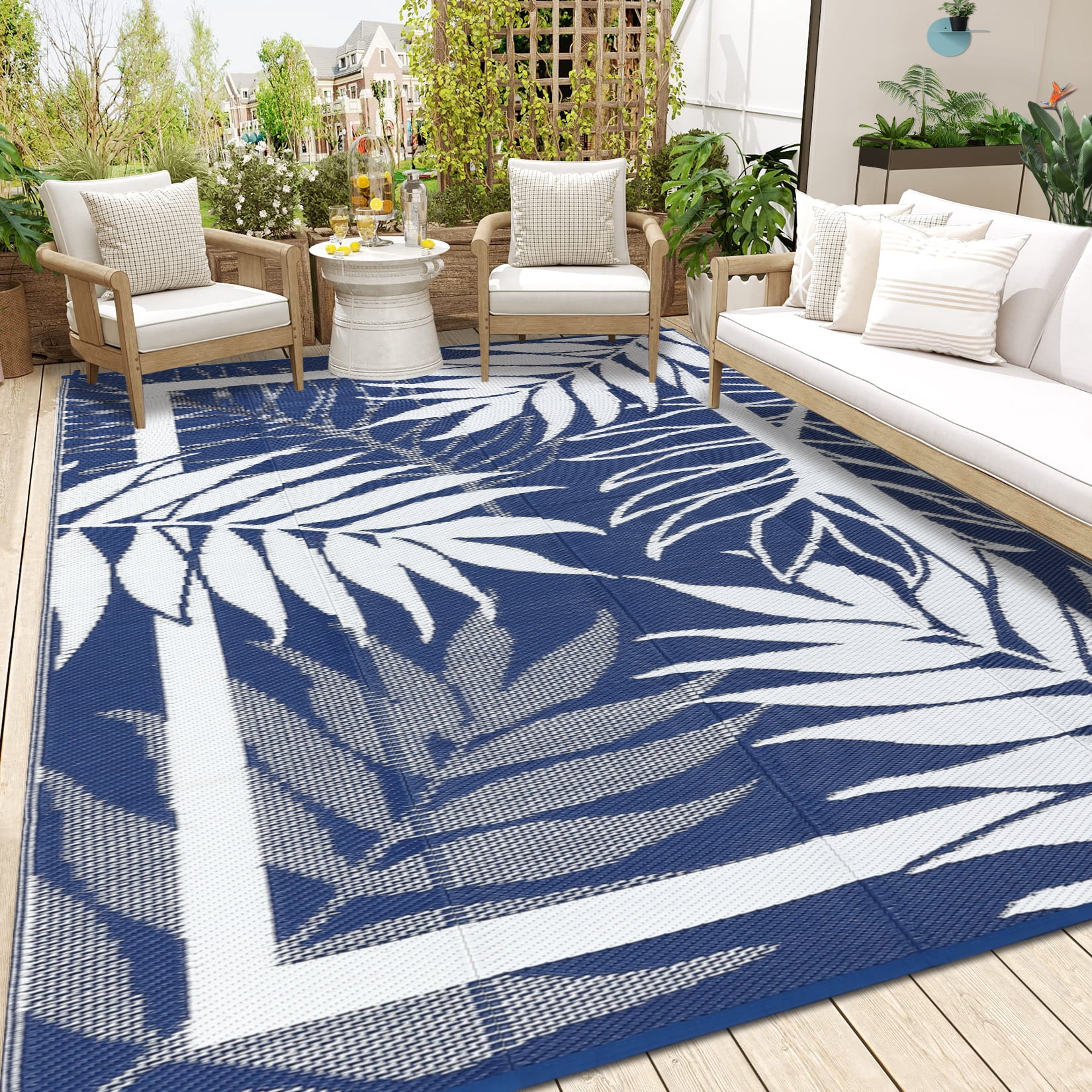 Outdoor Waterproof Reversible Rug – Modern Plastic Patio Carpet, UV & Mark Resistant, Easy Clean, Non-Slip – Ideal for Garden, Backyard, Deck, Porch, Picnic – 8x10ft Navy/White