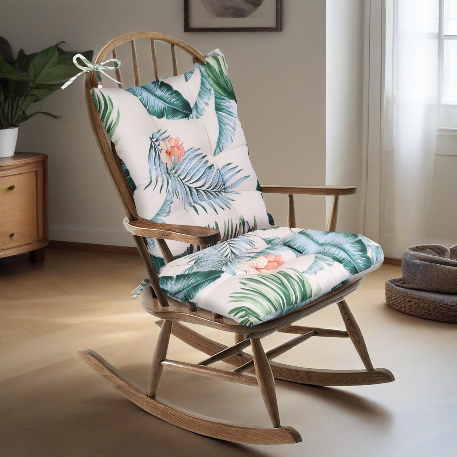 Outdoor Waterproof Rocking Chair Cushion Upper and Lower Rocking Chair Seat Cushion Set with Non-Slip Ties for Indoor Outdoor Beige Color Leaf