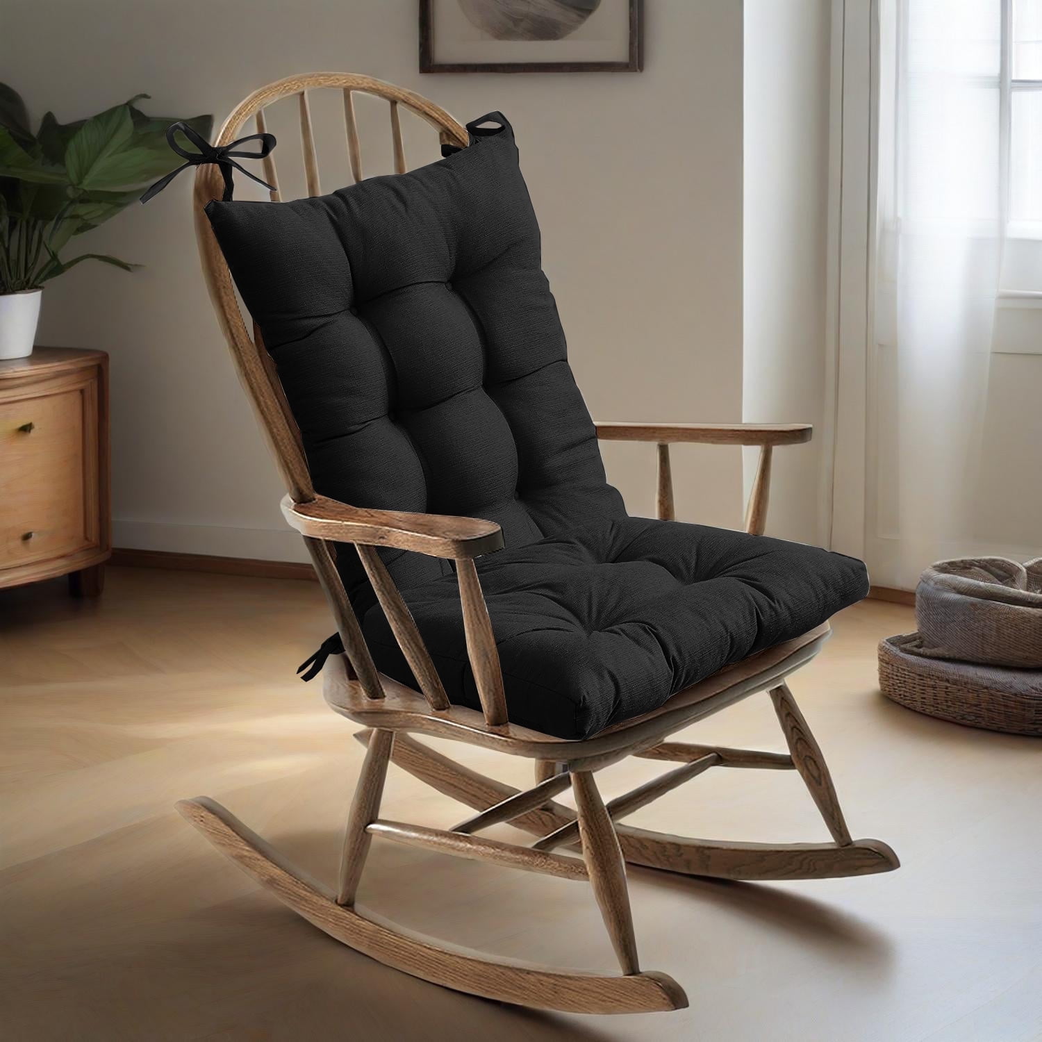 Outdoor Waterproof Rocking Chair Cushion Upper and Lower Rocking Chair Seat Cushion Set with Non-Slip Ties for Indoor Outdoor Black