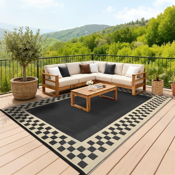 Outdoor Waterproof Rug 9x18 Large Modern Neutral Outdoor Patio Rugs, Reversible Fade-Proof & Weather Resistant Large Area Rug Mats for Rv Deck Porch Picnic Beach Balcony, Black & Beige