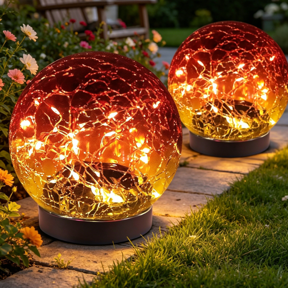 Outdoor Waterproof Solar Glass Ball Lights, Cracked Glass Solar Garden Lamp with Auto On/Off Switch & 600mAh Large Battery, Easy Assemble Landscape Lighting for Lawn Yard Patio Backyard Decor