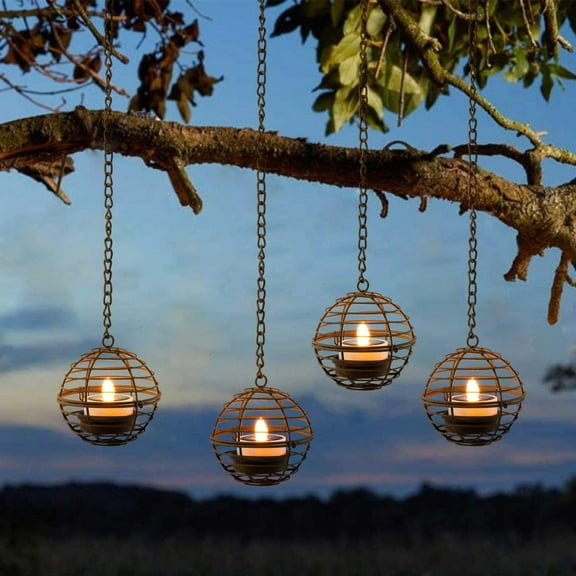 Outdoor Waterproof Solar Pendant Lights, Rusty Iron Ball Candle Holders with Flickering Solar Tea Lights, Perfect Rechargeable Solar Lights for Backyard Patio Garden Fence Tree Decoration