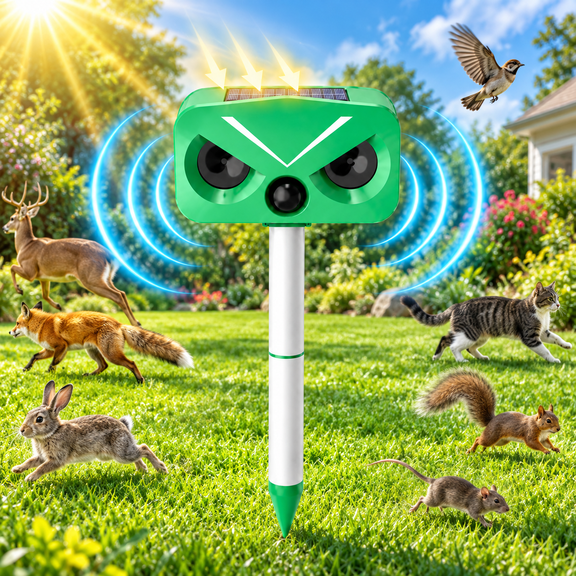 Outdoor Waterproof Solar-Powered Animal Repeller with LED Flashing Llight for Mouse Repelling, Bats, Birds