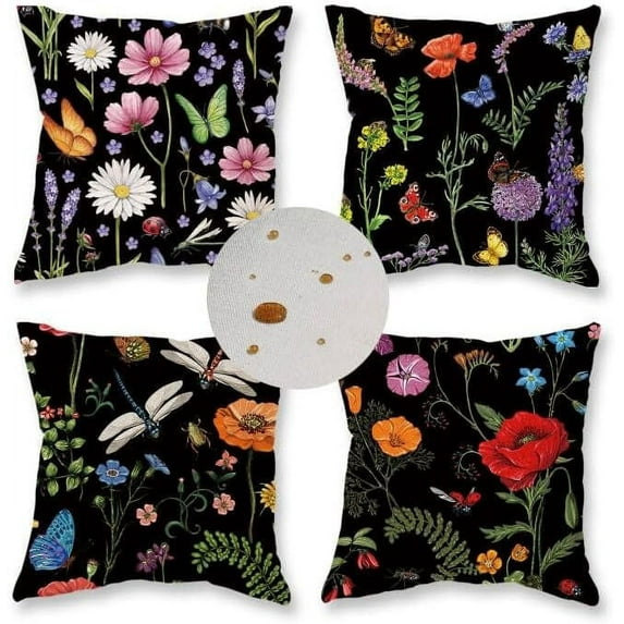 Outdoor Waterproof Spring Summer Pillow Covers 18x18 Inch Set of 4 Floral Farmhouse Throw Pillows Decorative Cushion Cases for Outdoor Couch Sofa Patio Furniture Home Decoration Black