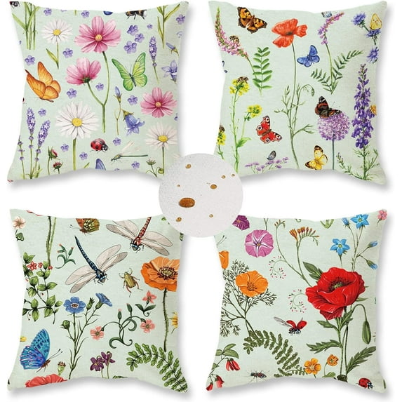 Outdoor Waterproof Spring Summer Pillow Covers 18x18 Inch Set of 4 Floral Farmhouse Throw Pillows Decorative Cushion Cases for Outdoor Couch Sofa Patio Furniture Home Decoration Black