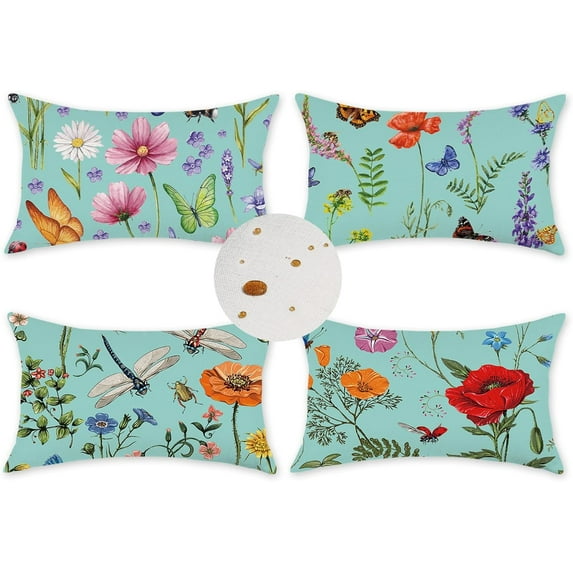 Outdoor Waterproof Spring Summer Pillow Covers 18x18 Inch Set of 4 Floral Farmhouse Throw Pillows Decorative Cushion Cases for Outdoor Couch Sofa Patio Furniture Home Decoration Black