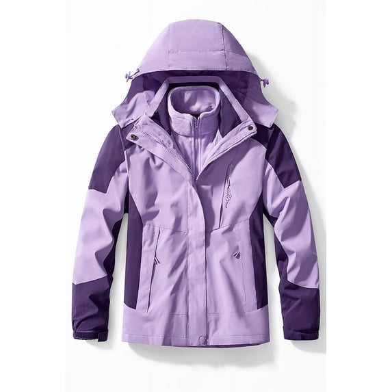 Outdoor Waterproof Suits Men's Women's Two-pieces Sets 3 in 1 Thick Warm Coats Camping Windbreaker Winter Coat Hiking Windproof (women purple,2XL 70-80KG)