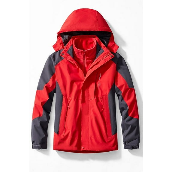 Outdoor Waterproof Suits Men's Women's Two-pieces Sets 3 in 1 Thick Warm Coats Camping Windbreaker Winter Coat Hiking Windproof (men red,S 30-40KG)