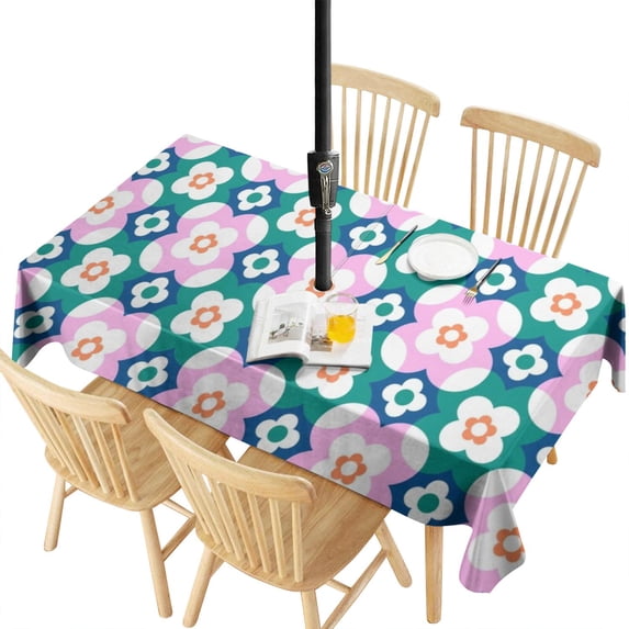 Outdoor Waterproof Tablecloth with Umbrella Hole and Zipper,Bohemian Retro Floral Rectangle Reusable Durable Decor Table Cover for Party Picnic Patio 60×120 Inch