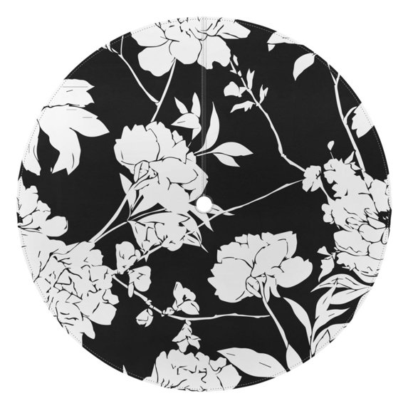 Outdoor Waterproof Tablecloth with Umbrella Hole and Zipper,Boho Blakc Peony Flowers with Leaves Round Reusable Durable Decor Table Cover for Party Picnic Patio 60×60 Inch