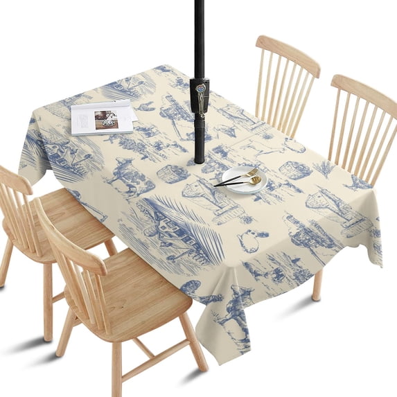 Outdoor Waterproof Tablecloth with Umbrella Hole and Zipper,Boho Style Vintage Rectangle Reusable Durable Decor Table Cover for Party Picnic Patio 60×84 Inch