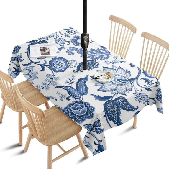 Outdoor Waterproof Tablecloth with Umbrella Hole and Zipper,Boho Style Vintage Rectangle Reusable Durable Decor Table Cover for Party Picnic Patio 60×84 Inch