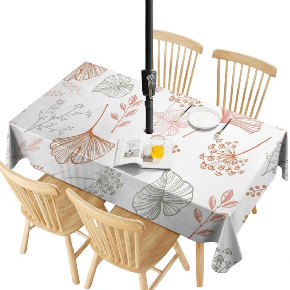 Outdoor Waterproof Tablecloth with Umbrella Hole and Zipper,Botanical Leaves Floral Rectangle Reusable Durable Decor Table Cover for Party Picnic Patio 60×120 Inch