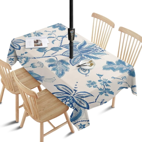 Outdoor Waterproof Tablecloth with Umbrella Hole and Zipper,Botanical Leaves Floral Rectangle Reusable Durable Decor Table Cover for Party Picnic Patio 60×84 Inch