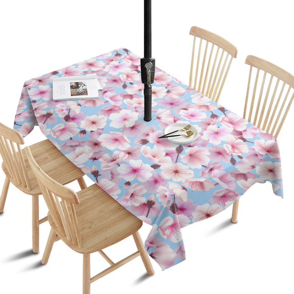 Outdoor Waterproof Tablecloth with Umbrella Hole and Zipper,Cherry Blossoming Sakura Cosplay Rectangle Reusable Durable Decor Table Cover for Party Picnic Patio 60×84 Inch