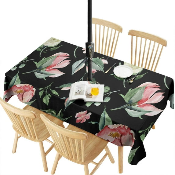 Outdoor Waterproof Tablecloth with Umbrella Hole and Zipper,Pink and White Gouache Floral Pattern Rectangle Reusable Durable Decor Table Cover for Party Picnic Patio 60×120 Inch