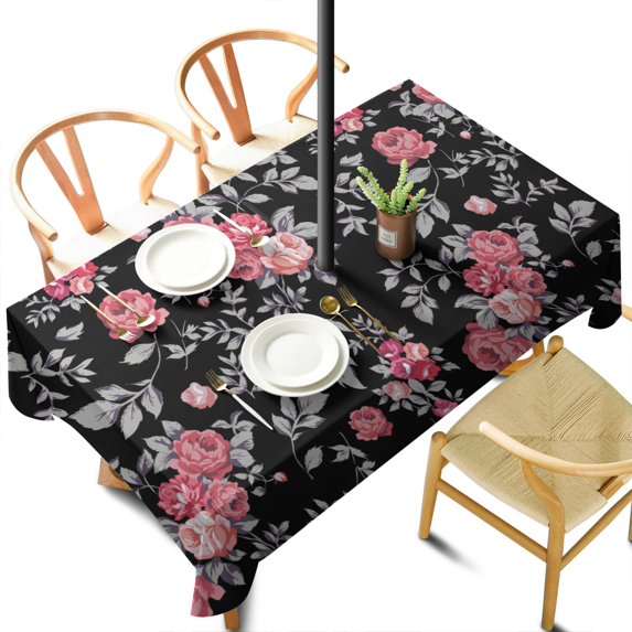 Outdoor Waterproof Tablecloth with Umbrella Hole and Zipper, Pioneer Colorful Floral Rectangle Reusable Durable Decor Table Cover for Party Picnic Patio 60×102 Inch