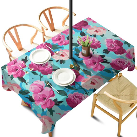 Outdoor Waterproof Tablecloth with Umbrella Hole and Zipper, Pioneer Colorful Floral Rectangle Reusable Durable Decor Table Cover for Party Picnic Patio 60×102 Inch