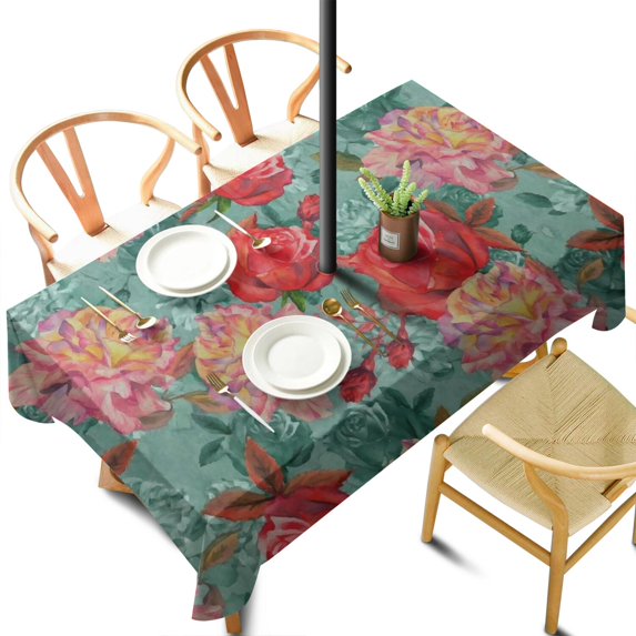 Outdoor Waterproof Tablecloth with Umbrella Hole and Zipper, Pioneer Colorful Floral Rectangle Reusable Durable Decor Table Cover for Party Picnic Patio 60×102 Inch