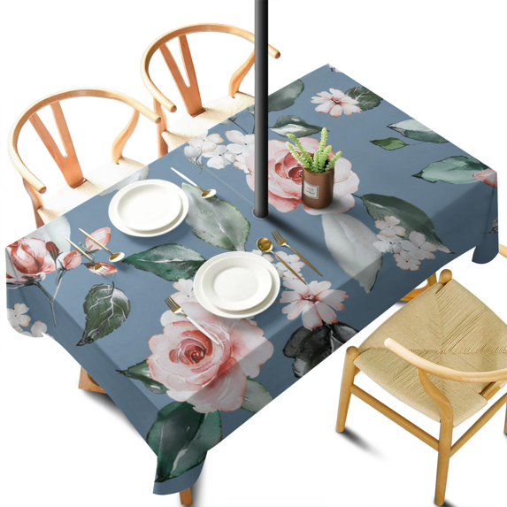 Outdoor Waterproof Tablecloth with Umbrella Hole and Zipper, Pioneer Colorful Floral Rectangle Reusable Durable Decor Table Cover for Party Picnic Patio 60×102 Inch