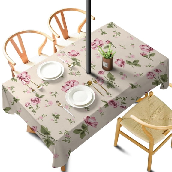 Outdoor Waterproof Tablecloth with Umbrella Hole and Zipper, Pioneer Colorful Floral Rectangle Reusable Durable Decor Table Cover for Party Picnic Patio 60×102 Inch