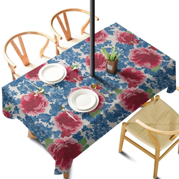 Outdoor Waterproof Tablecloth with Umbrella Hole and Zipper, Pioneer Colorful Floral Rectangle Reusable Durable Decor Table Cover for Party Picnic Patio 60×102 Inch