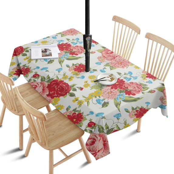 Outdoor Waterproof Tablecloth with Umbrella Hole and Zipper,Pioneer Colorful Floral Rectangle Reusable Durable Decor Table Cover for Party Picnic Patio 60×84 Inch