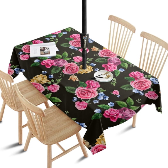 Outdoor Waterproof Tablecloth with Umbrella Hole and Zipper,Pioneer Colorful Floral Rectangle Reusable Durable Decor Table Cover for Party Picnic Patio 60×84 Inch