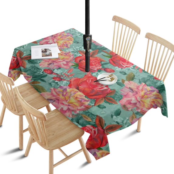 Outdoor Waterproof Tablecloth with Umbrella Hole and Zipper,Pioneer Colorful Floral Rectangle Reusable Durable Decor Table Cover for Party Picnic Patio 60×84 Inch