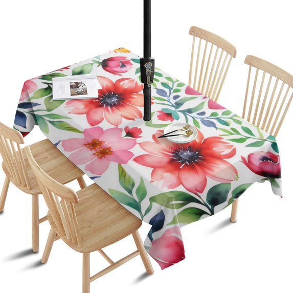Outdoor Waterproof Tablecloth with Umbrella Hole and Zipper,Pioneer Colorful Floral Rectangle Reusable Durable Decor Table Cover for Party Picnic Patio 60×84 Inch