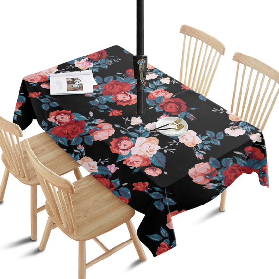Outdoor Waterproof Tablecloth with Umbrella Hole and Zipper,Pioneer Colorful Floral Rectangle Reusable Durable Decor Table Cover for Party Picnic Patio 60×84 Inch