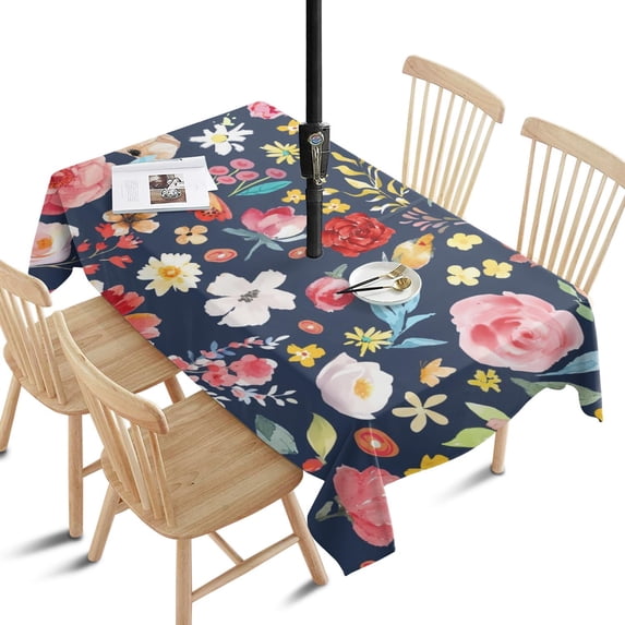 Outdoor Waterproof Tablecloth with Umbrella Hole and Zipper,Pioneer Colorful Floral Rectangle Reusable Durable Decor Table Cover for Party Picnic Patio 60×84 Inch