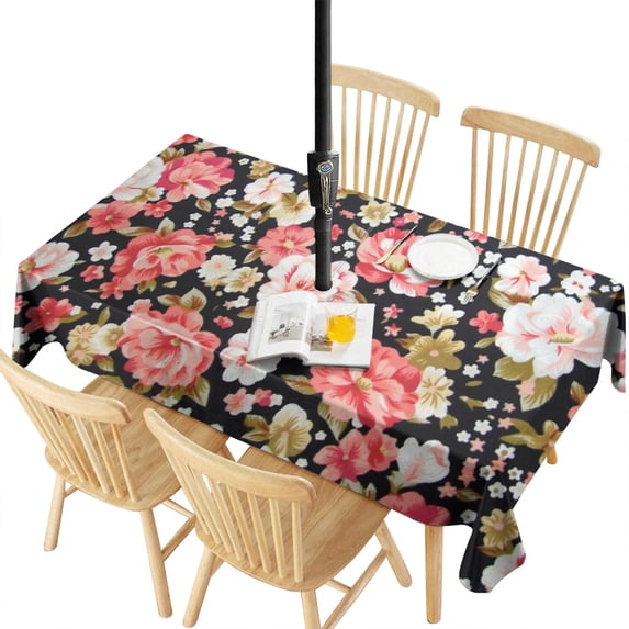 Outdoor Waterproof Tablecloth with Umbrella Hole and Zipper,Pioneer Red and Pink Roses Rectangle Reusable Durable Decor Table Cover for Party Picnic Patio 60×120 Inch