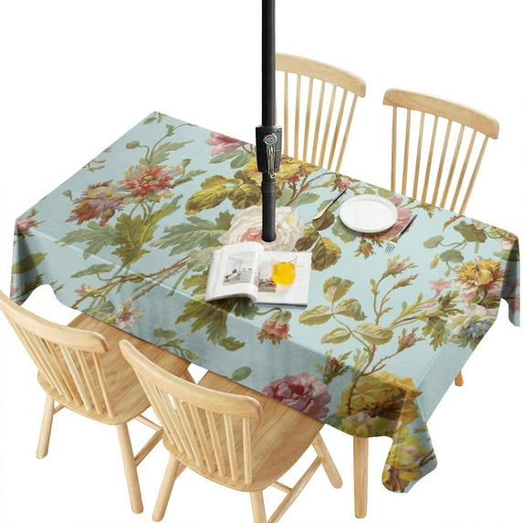 Outdoor Waterproof Tablecloth with Umbrella Hole and Zipper,Pioneer Vintage Floral Pattern Rectangle Reusable Durable Decor Table Cover for Party Picnic Patio 60×120 Inch