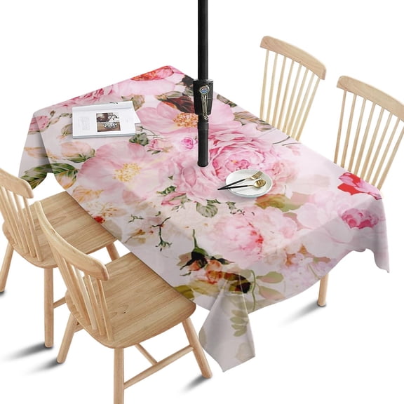 Outdoor Waterproof Tablecloth with Umbrella Hole and Zipper,Pioneer Vintage Pink Pastel Watercolor Floral Pattern Rectangle Reusable Durable Decor Table Cover for Party Picnic Patio 60×84 Inch