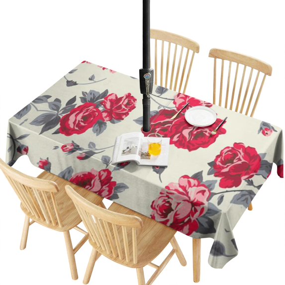 Outdoor Waterproof Tablecloth with Umbrella Hole and Zipper,Pioneer Vintage-inspired Roses in Chic Modern Colours Rectangle Reusable Durable Decor Table Cover for Party Picnic Patio 60×120 Inch