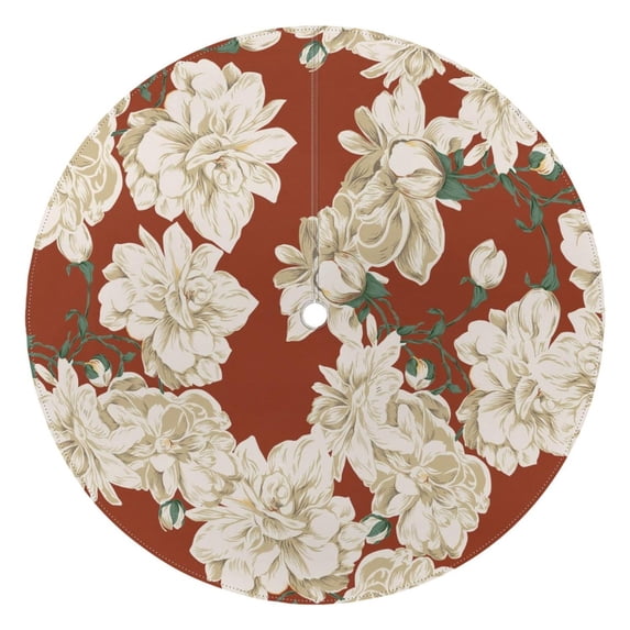 Outdoor Waterproof Tablecloth with Umbrella Hole and Zipper,Pioneer White Flowers on Red Round Reusable Durable Decor Table Cover for Party Picnic Patio 60×60 Inch