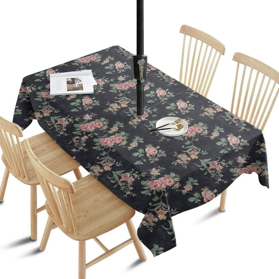 Outdoor Waterproof Tablecloth with Umbrella Hole and Zipper,Seamless Flower Pattern Rectangle Reusable Durable Decor Table Cover for Party Picnic Patio 60×84 Inch