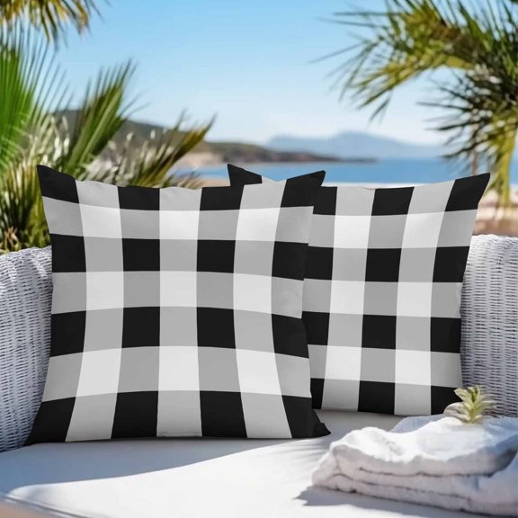 Outdoor Waterproof Throw Pillow Cover 16"x16" Pack of 2 Black White Buffalo Plaid Decorative Pillowcases,Square Cushion Case for Couch Patio Tent Garden,Checkered Gingham Geometric