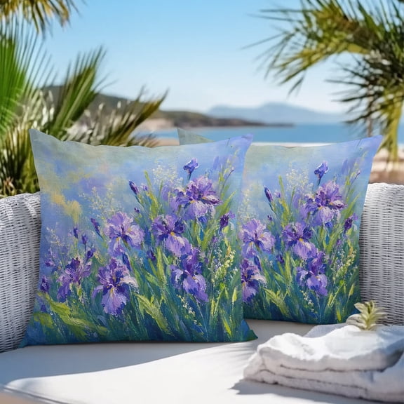 Outdoor Waterproof Throw Pillow Cover 16"x16" Pack of 2 Elegant Purple Iris Flowers Decorative Pillowcases,Square Cushion Case for Couch Patio Tent Garden,Oil Style Floral Art