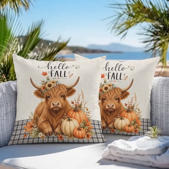 Outdoor Waterproof Throw Pillow Cover 16"x16" Pack of 2 Fall Highland Cattle Buffalo Plaid Decorative Pillowcases,Square Cushion Case for Couch Patio Tent Garden,Thanksgiving Pumpkin on Linen