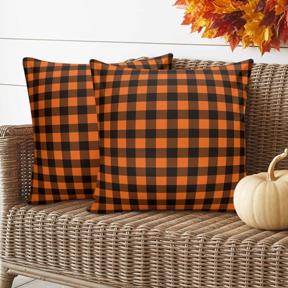 Outdoor Waterproof Throw Pillow Cover 16"x16" Pack of 2 Fall Orange Black Plaid Decorative Pillowcases,Square Cushion Case for Couch Patio Tent Garden,Halloween Minimalist Buffalo Check