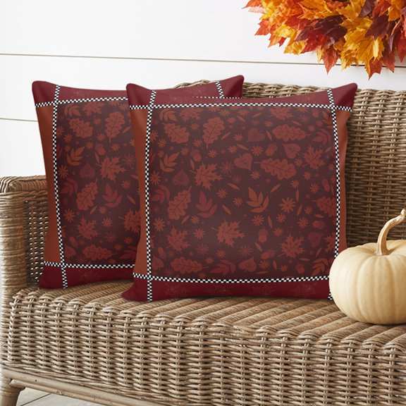 Outdoor Waterproof Throw Pillow Cover 16"x16" Pack of 2 Farm Autumn Red Maple Leaves Black White Buffalo Plaid Decorative Pillowcases,Square Cushion Case for Couch Patio Tent Garden,Fall Leaf