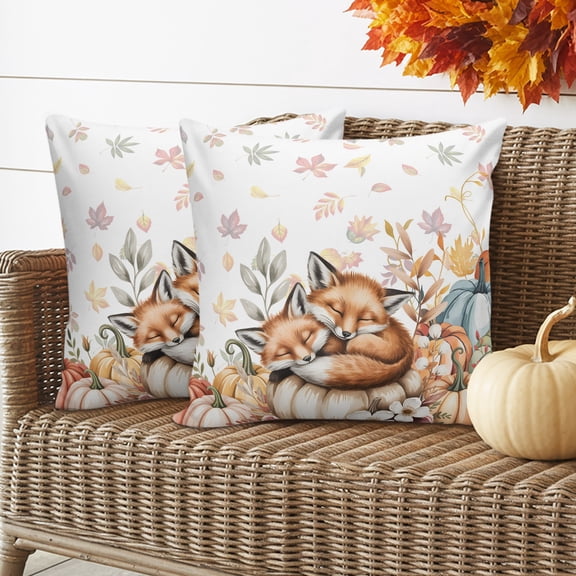 Outdoor Waterproof Throw Pillow Cover 16"x16" Pack of 2 Farm Watercolor Pumpkin Fox Decorative Pillowcases,Square Cushion Case for Couch Patio Tent Garden,Fall Maple Leaves Flower on White