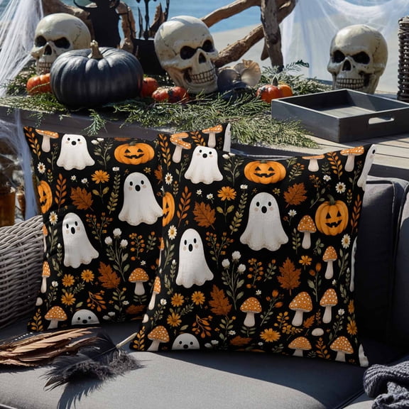 Outdoor Waterproof Throw Pillow Cover 16"x16" Pack of 2 Halloween Cute Ghosts Decorative Pillowcases,Square Cushion Case for Couch Patio Tent Garden,Small Pumpkins Mushrooms